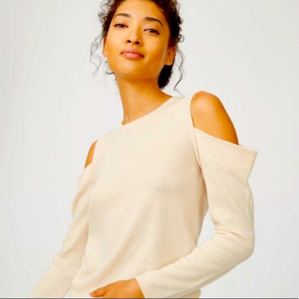 <SOLD> Club Monaco Cashmere cold shoulder cream sweater